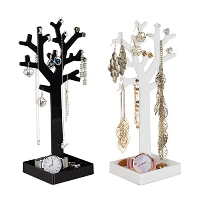 Afbeelding van Relaxdays sieraden standaard boom juwelenboom set van 2 houder bakje zwart wit