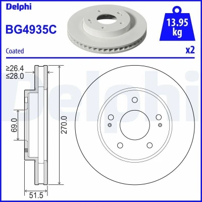 Afbeelding van DELPHI BG4935C Remschijf 270 28 5 Geventileerd Gecoat Semi finished Zonder wiellager, ABS sensorring MITSUBISHI: L200 / Triton IV Pickup