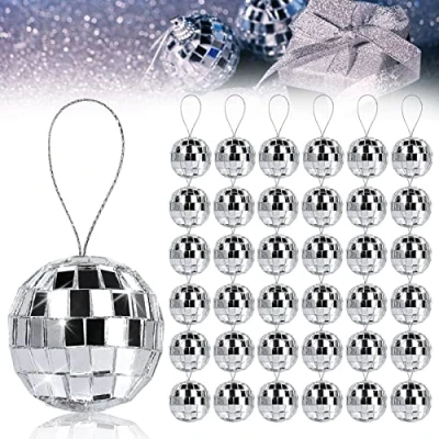 Afbeelding van Vegena 36 stuks zilveren facetbal, discobal, 3 cm, spiegelbal, glitterbal, decoratie om op te hangen voor carnavalsfeest