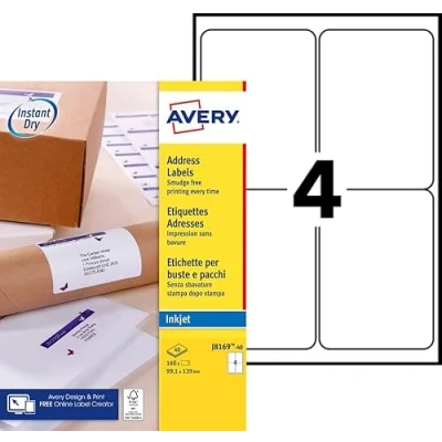 Afbeelding van AVERY Verpakking met 160 zelfklevende verzendlabels, personaliseerbaar, bedrukbaar, formaat 99,1 x 139 mm, inkjetprint (J8169 40)
