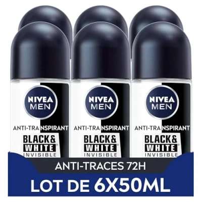 Image de NIVEA MEN déodorant Bille Black &amp; White Invisible (lot de 6 x 50 ml), homme anti traces blanches et jaunes, transpirant aisselles protection 72 h