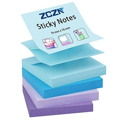 Afbeelding van ZCZN 4 stuks zelfklevende notities, 76 x mm, diverse kleuren, 100 vellen/blok, (blauw, lichtblauw, paars, lichtpaars)