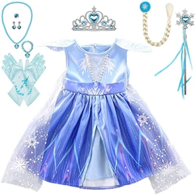 Afbeelding van Lito Angels Deguisement Robe Reine des Neiges 2 Princesse Elsa Costume Aventure Bebe Fille avec Cape et Accessoires Taille 3 6 mois, Bleu