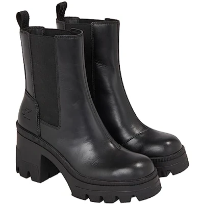 Afbeelding van Calvin Klein Jeans Chunky Heeled LTH Enkellaarsjes met hoge hak, Dames, Maat: 36, Triple black Leer