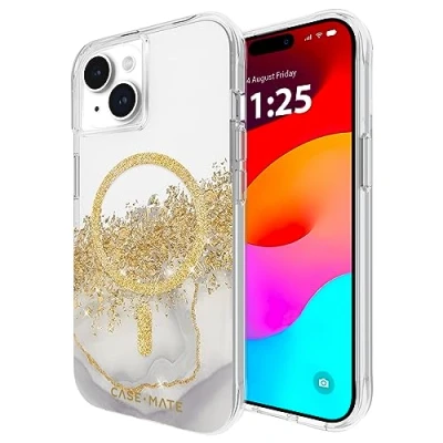 Afbeelding van MagSafe iPhone 15 hoesje, marmeren ontwerp en gouden glitter Mate hoesje