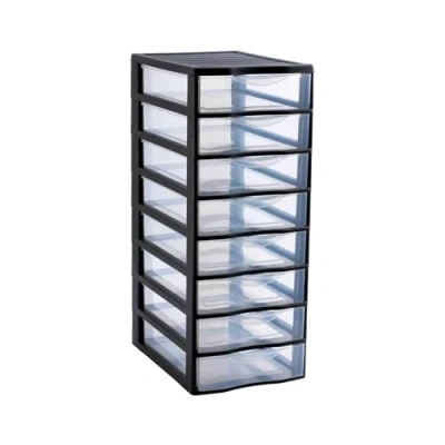 Afbeelding van SUNDIS Orgamix Opbergtoren van kunststof, zwart, 8 transparante laden, DIN A4 papier, hoogte 65 cm, ideaal voor kantoor, cursus, documenten, benodigdheden, accessoires