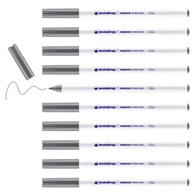 Afbeelding van edding textielstift 4600 grijs doos van 10 ronde punt 1 mm permanente pennen voor tekenen op textiel, wasbestendig tot 60 C