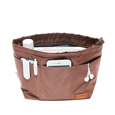 Afbeelding van iN. Portemonnee organizer met ritssluiting, nylon stoffen opbergtas handgrepen, voor dameshandtassen en draagtassen, neverfull, licht, groot, bruin