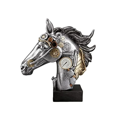 Afbeelding van Paard 8 x 29 34 cm. Steam punk ‘Horse Head’ industrieel Polyresin Grijs Sciencefiction.