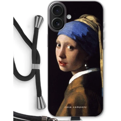 Afbeelding van Case Company® hoesje met Koord geschikt voor iPhone 16 Plus The Pearl Earring Telefoonhoesje Zwart Bescherming aan alle Kanten en Over de Schermrand