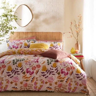 Afbeelding van Furn Home + Style Protea Duvet Cover Set 2 persoons overtrekset in roze oranje bloemen print 200 x cm inclusief kussenslopen
