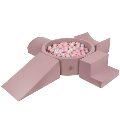 Afbeelding van KiddyMoon Foam Speelplaats Met Ronde Ballenbad (300 Ballen) Kinderen Ballenbakken Speelgoed Obstakelbaan, Heide: Pastel Beige/Poederroze/Parel