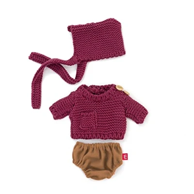 Afbeelding van ML Poppen: KLEDIJ SET bordeau/bruin voor jongen 21cm, 3 delig, trui, broekje en muts, met kleerhanger, 3+