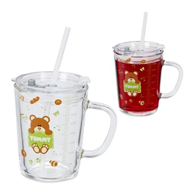 Afbeelding van Relaxdays drinkglazen set van 2 beren design kinderglazen rietje transparant