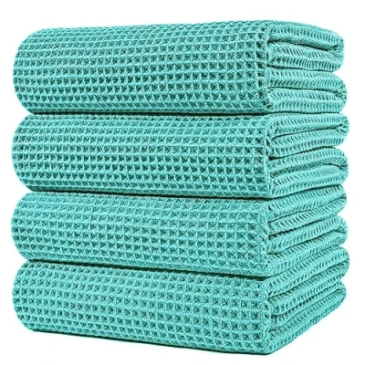 Afbeelding van POLYTE Set van 4 extra grote badhanddoeken microvezel, sneldrogend, pluisvrij, 152 x 76 cm, aqua, wafelweefsel