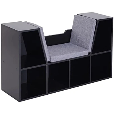 Afbeelding van HOMCOM Boekenkast met bank, 2 in 1, eigentijds design, 6 vakken, 3 kussens inbegrepen 102 x 30 61 cm (l b h), zwart/grijs