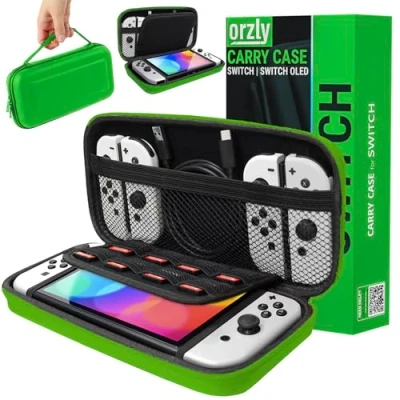 Afbeelding van Orzly harde EVA hoes voor Nintendo Switch &amp; OLED console met ritssluiting van duurzaam schokbestendig materiaal het en accessoires groen