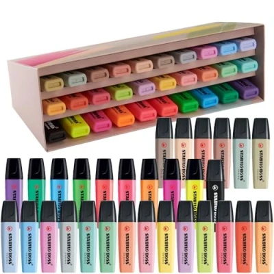Afbeelding van STABILO Boss Original markeerstiften, 30 stuks, 9 neon 14 pastelmarkeerstiften, 6 markeerstiften in natuurlijke tinten en 1 zwarte marker, perfect voor markeren, markeren
