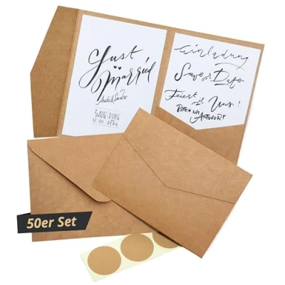 Afbeelding van Japun Blanco Pocketfold kraftpapier kaarten inclusief enveloppen (DIN B6), bruiloft, uitnodiging, design, etiketten... (50)