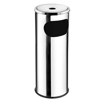 Afbeelding van KADAX Vrijstaande asbak van roestvrij staal met vuilnisbak 18 liter, deksel en gelegde asbak, voor buiten, afvalbak (zilver)