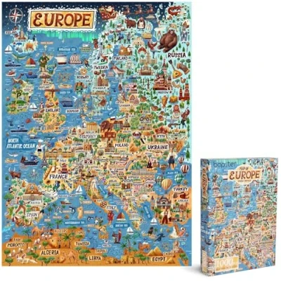 Afbeelding van Kaart van Europa 1.000 stukjes 70x50cm prachtig design ontdek alle landen en gebouwen