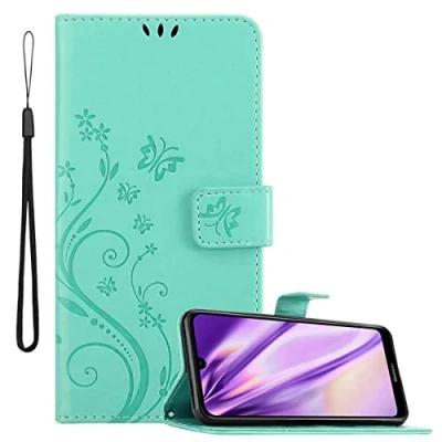 Afbeelding van Cadorabo Hoesje geschikt voor Huawei Y6 2019 in BLOEMEN TURKOOIS Beschermhoes bloemmotief met magnetische sluiting, standfunctie en kaartsleuven Book Case Cover Etui