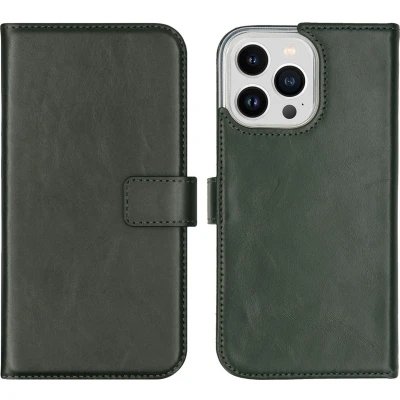 Afbeelding van Selencia Hoesje Geschikt voor iPhone 14 Pro Max Met Pasjeshouder Echt Lederen Bookcase Groen