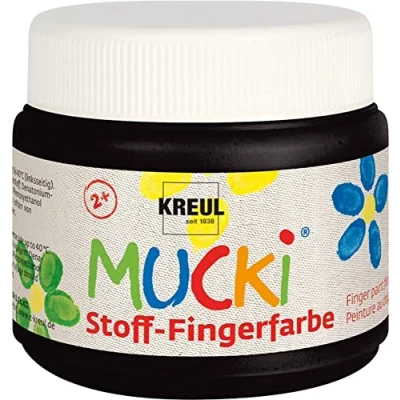 Afbeelding van Kreul Mucki 28106 Lichtgevende doek, vingerverf, 150 ml, zwart, op waterbasis, zonder parabenen, glutenvrij, lactosevrij en veganistisch, ideaal voor gebruik met vingers handen