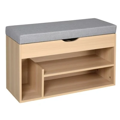 Afbeelding van HOMCOM Schoenenkast, schoenenbank, 2 niveaus, opslag, nis + geïntegreerde kist met kussen, beige, grijs