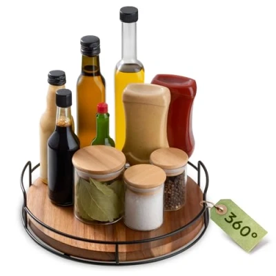 Afbeelding van Praknu Draaitafel Duurzaam FSC® hout 360 draaibaar Lazy Susan Organizer Groot Antislip Basis Opslag voor de keuken (28 cm)