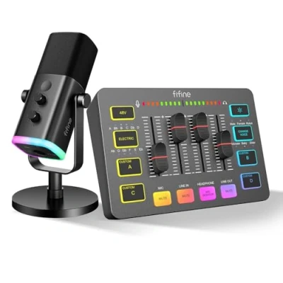 Image de FIFINE microphone de streaming XLR et mixeur audio jeu, USB dynamique, PC jeu pour studio podcast, RVB, table mixage avec interface (AM8 + SC3)