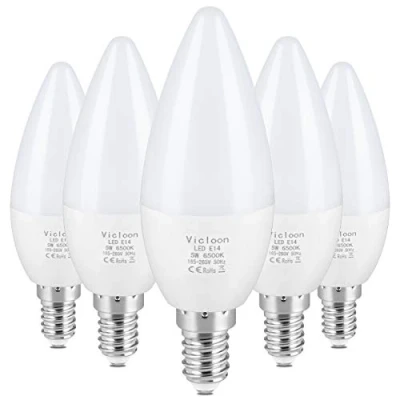 Afbeelding van Vicloon Ledlampen E14,5 stuks C37 LED E14 kaars, 5 W komt overeen met 40 gloeilamp, kunststof ledlamp, AC 165 265 V, 5,5 W, koud wit 6500 K, 500 lm, stralingshoek 270 graden, niet dimbaar