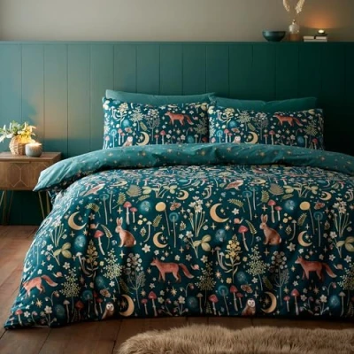 Afbeelding van Catherine Lansfield Enchanted Twilight Omkeerbare beddengoedset voor tweepersoonsbed, met kussenslopen, bosgroen