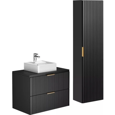 Afbeelding van Zwevend, geribbeld wastafelmeubel met opzetwastafel en kast Zwart 80 cm ZEVARA L x H 57 D 46