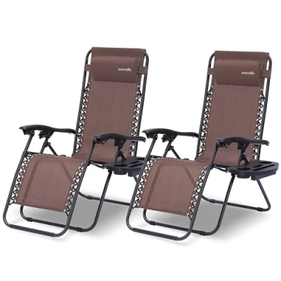 Afbeelding van SereneLife Zero Gravity Set van 2 verstelbare ligstoelen met afneembare gewatteerde hoofdsteunkussens, bekerhouder, ademend mesh weefsel, licht en opvouwbaar, bruin