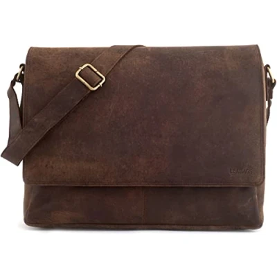 Afbeelding van LEABAGS Schoudertas van Oxford leer, laptoptas tot 15 inch, messengertas echt buffelleer, vintage look, leren tas, schoudertas, werktas, 38 x 10 31 cm, nootmuskaat