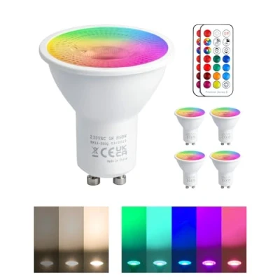 Afbeelding van REYLAX RGB GU10 led lamp, kleurverandering, 5 W, komt overeen met 50 450 lm, warmwit, led, GU10, dimbaar, lampen, afstandsbediening, infrarood, 4 stuks