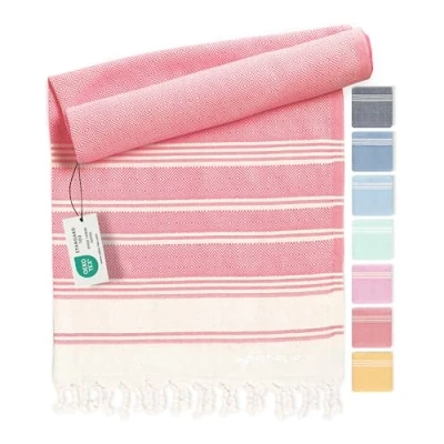 Afbeelding van Hamam Strandhanddoek Fouta strand van 100% gerecycled katoen Turkse handdoek, sneldrogend, fouta, pestemal badhanddoek, ideaal als XXL strandlaken, koraal, 100 x 200 cm Diamond