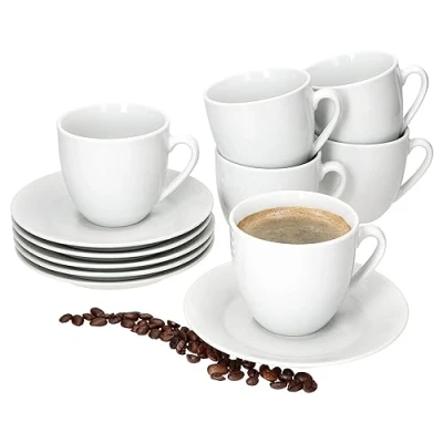 Afbeelding van MamboCat Tommy Set van 6 koffiekopjes met schoteltjes voor personen, wit porselein, ontbijt en koffie, theekopjes 200 ml schoteltjes, chique servies