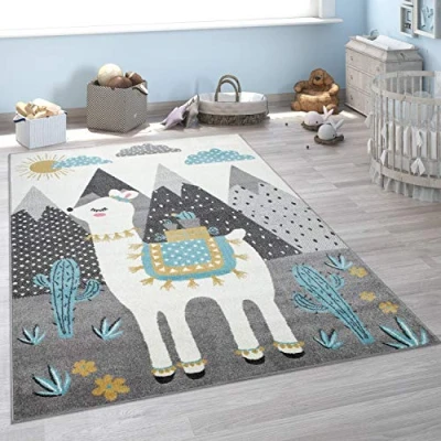 Afbeelding van Paco Home Laagpolig vloerkleed voor de kinderkamer, lama, bergen, kindermotief, meerkleurig grijs 133x190 cm