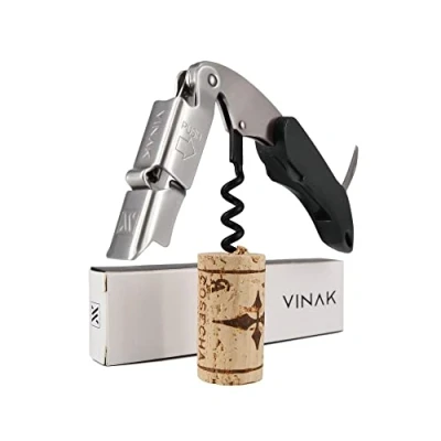 Afbeelding van VINAK XPERT Professionele kurkentrekker van roestvrij staal met dubbele scharnierhouder, flesopener, capsulesnijder en Teflon spiraal (zwart)