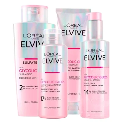 Image de L&#039;Oréal Paris Elvive Glycolic Gloss Après shampoing de 150 ml + 200 sérum sans rinçage soin lamination 5 min pour cheveux éteints et poreux, 4 flacons