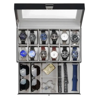 Afbeelding van ProCase Horlogedoos met 12 vakken glazen deksel 2 niveaus, afneembaar kussen, voor sieraden, ringen, armbanden en halskettingen, zwart