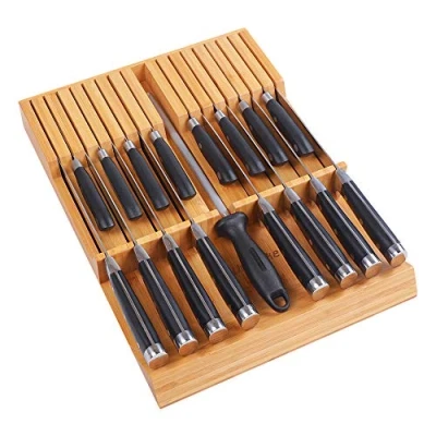 Afbeelding van Utoplike in lade mes blok bamboe keukenmes organizer, grote handgreep steakmes houder zonder messen, geschikt voor 16 messen en 1 slijpstaal (16 organizer)