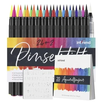 Afbeelding van int!rend watercolour brush pens 39x Set 24 bright pens, 2 water tank brushes, 8 sheets of watercolor paper, 5 stencil templates For bullet journal, calligraphy, lettering