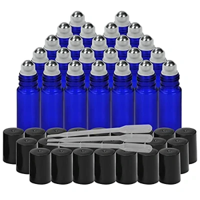 Afbeelding van Belle Vous Kobalt Blauw Glazen Roller Flesjes met Druppelaar (24 Stuks) 10 ml Etherische Olieflesenset Roestvrijstalen Rolballen Navulbare Lege Flessen voor Aromatherapie en Olie
