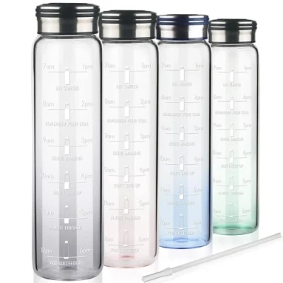 Afbeelding van Cleesmil 1 liter glazen waterfles, motiverende waterfles met rietje en tijdmarkeringen, fles neopreen hoes, geschikt voor koolzuurhoudende dranken