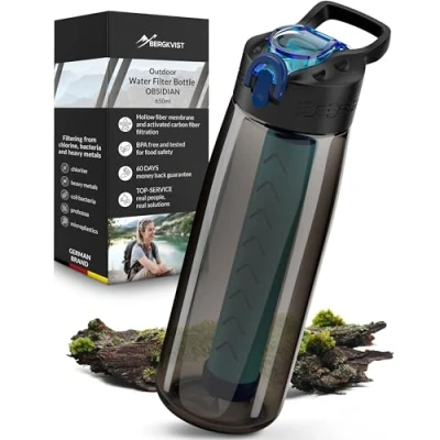 Afbeelding van BERGKVIST® OBSIDIAN filterfles voor buiten, 650 ml, met kompas, drinkfles filter schoon drinkwater, waterbehandeling camping, preventie en survivaluitrusting