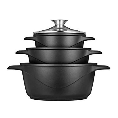 Image de Batterie de Cuisine Induction 6 pièces Aluminium Fonte 3 Casseroles Couvercles Smile MGK 18 Noir