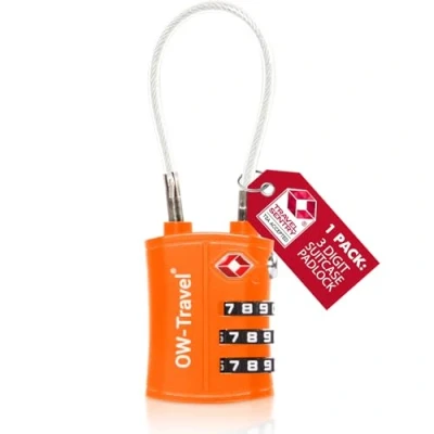 Afbeelding van OW Travel TSA kabelslot voor koffer. Hangslot 3 cijferige code diefstalbeveiliging bagage kluisje opslag tent camping combinatie USA. Accessoires reizen vliegtuig: kofferslot